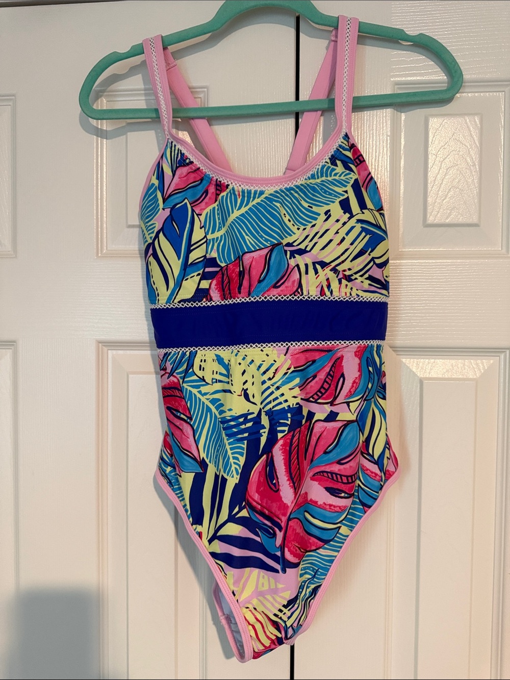Adults One-Piece Swim Suit - Pink Tropical Leaf Print